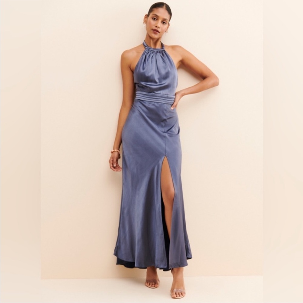 Keepsake the Label for Anthropologie Slate Blue Halter Formal Dress